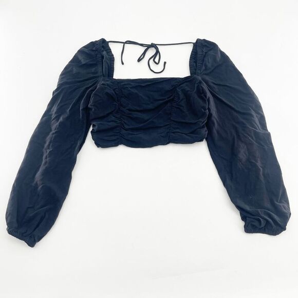 Urban Outfitters Bambi Ruched Cropped Blouse Womens Size S Black Puff Sleeve - Picture 2 of 6